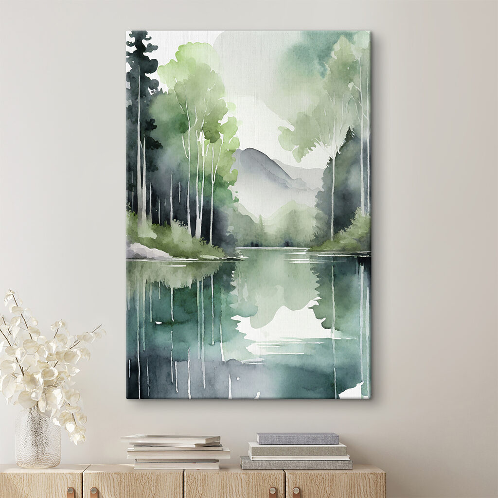 Watercolor painting of a lake surrounded by trees and mountains