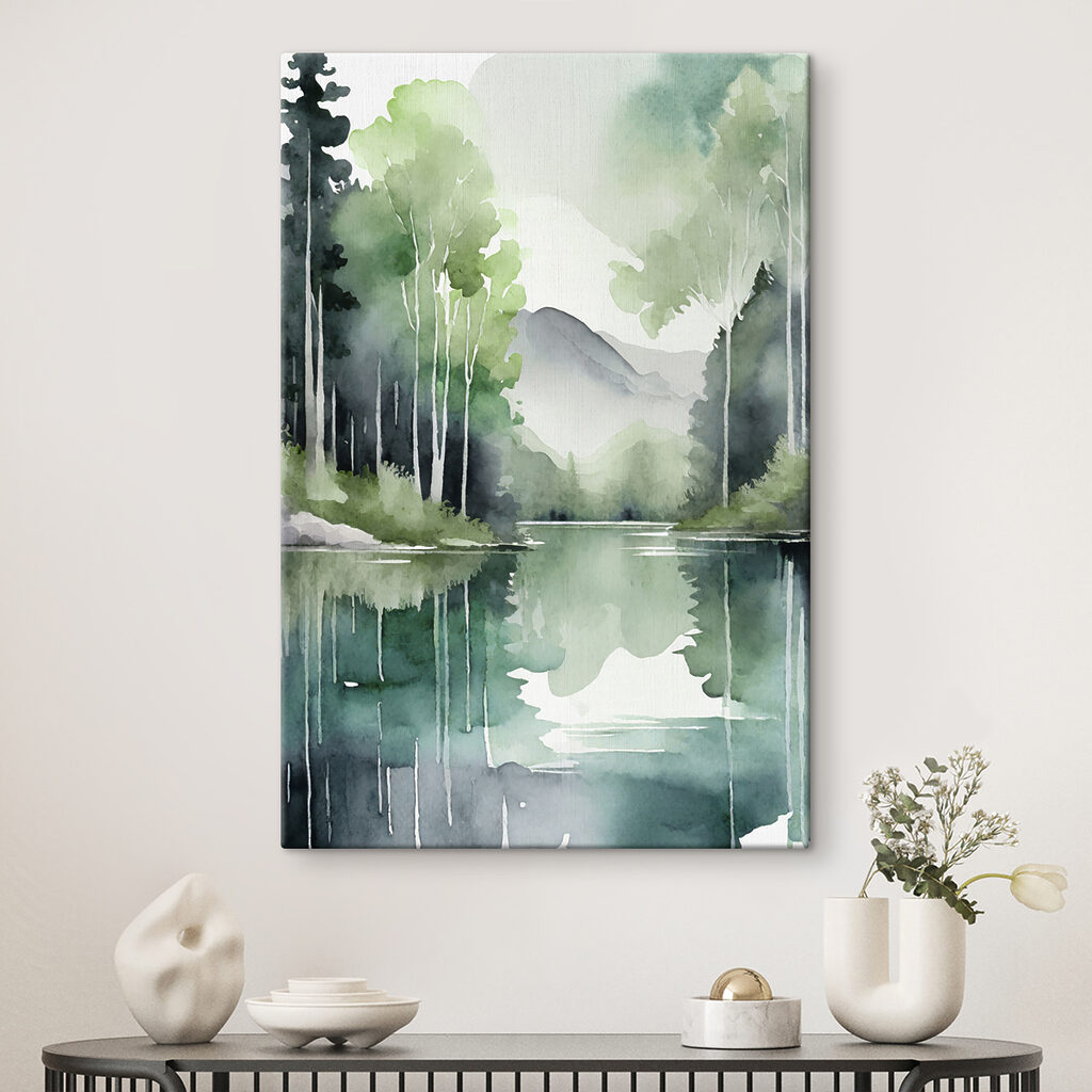 Watercolor painting of a lake surrounded by trees and mountains