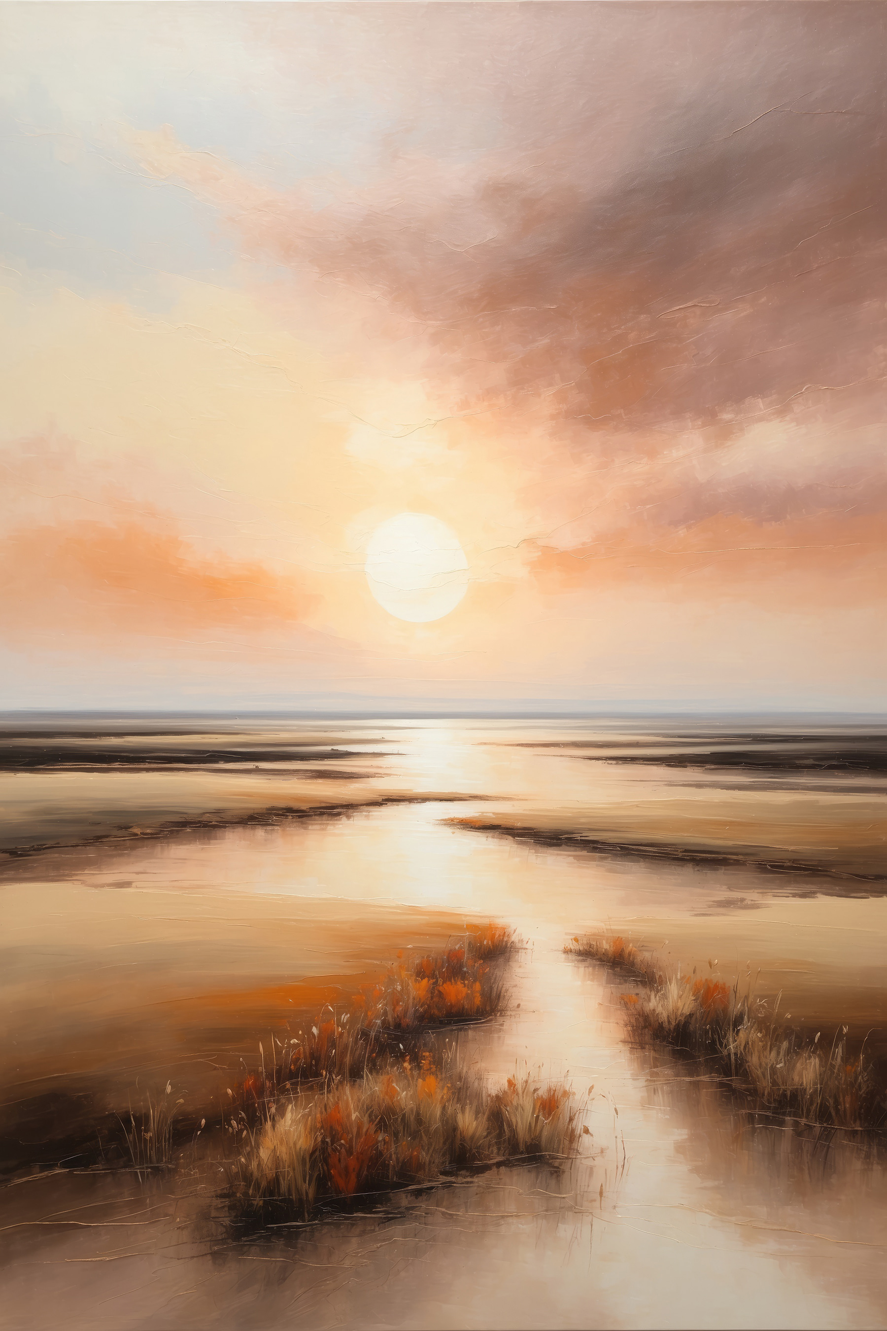 A painting of a sunset over a marsh