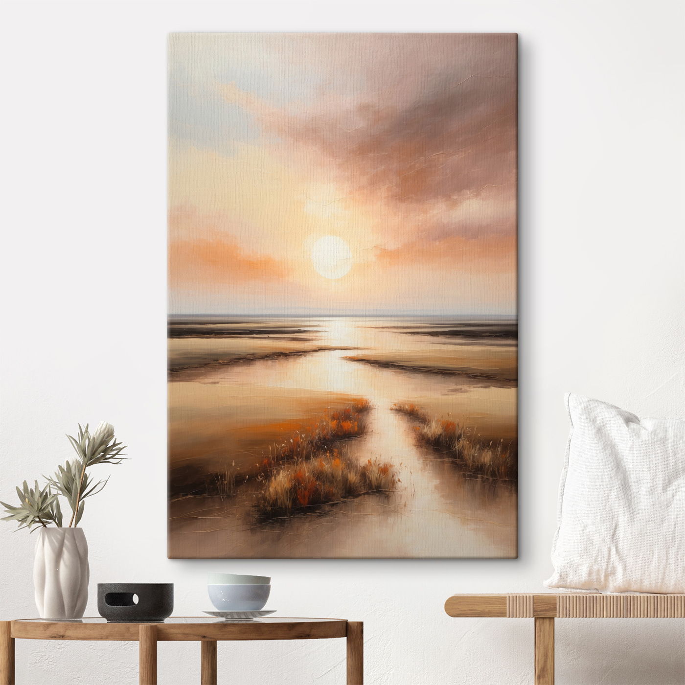 A painting of a sunset over a marsh