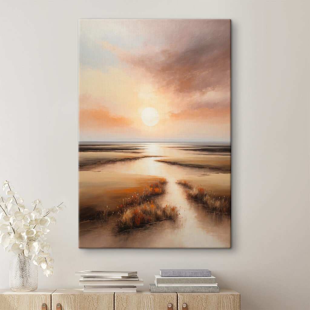 A painting of a sunset over a marsh