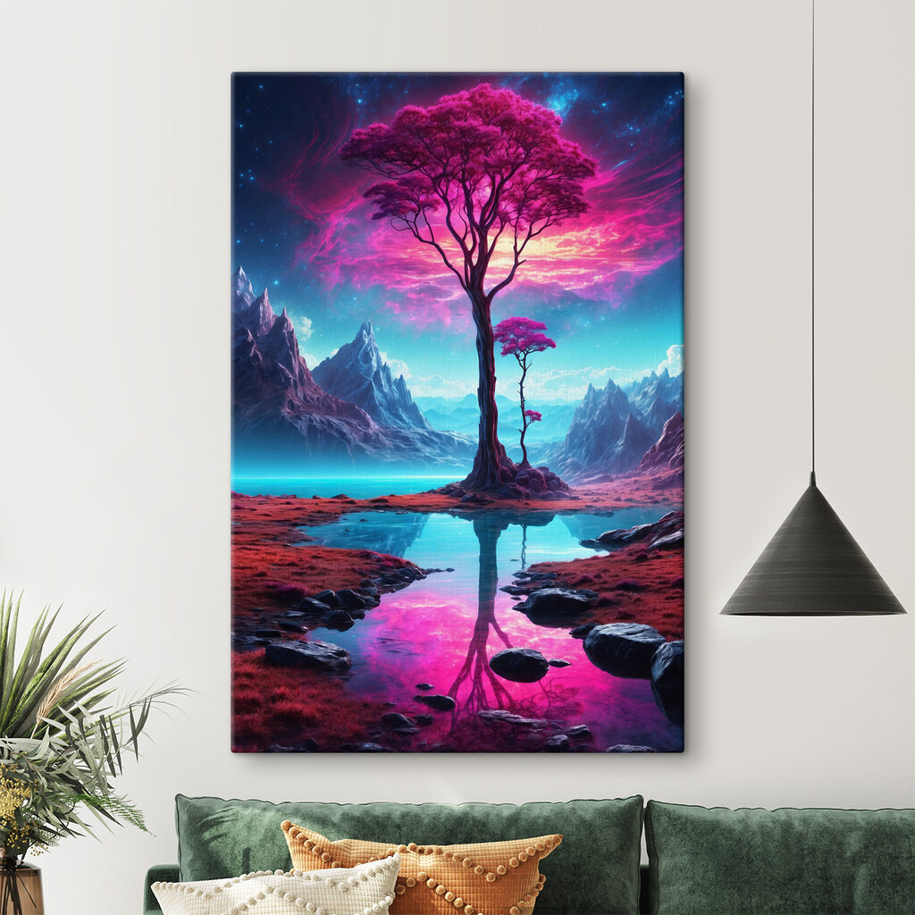 A landscape with a tree and mountains A landscape with a tree and mountains