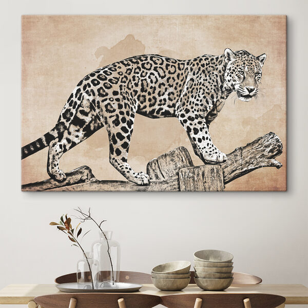 Un desen de un leopard care merge pe un buștean Un desen de un leopard care merge pe un buștean