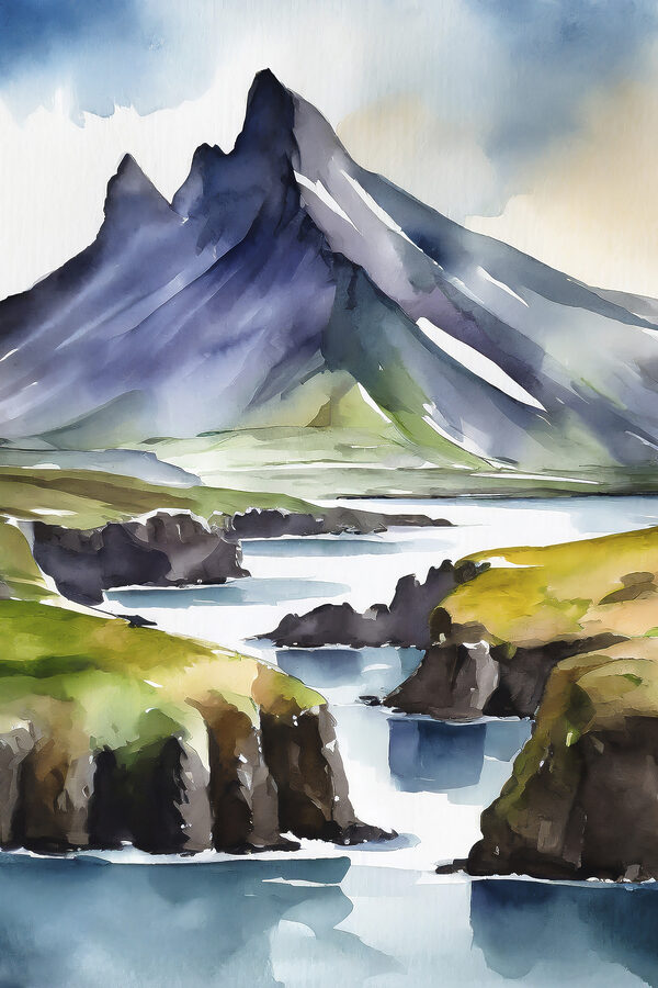 Watercolor painting of a mountain and a river