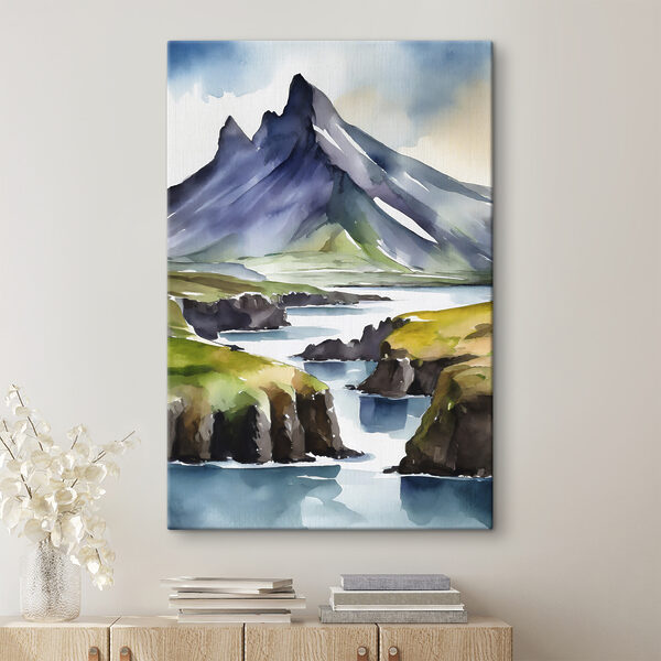 Watercolor painting of a mountain and a river