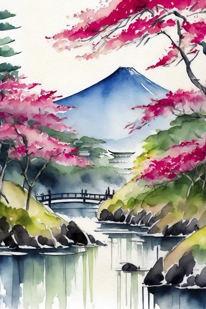 Watercolor painting of a mountain and trees with pink flowers