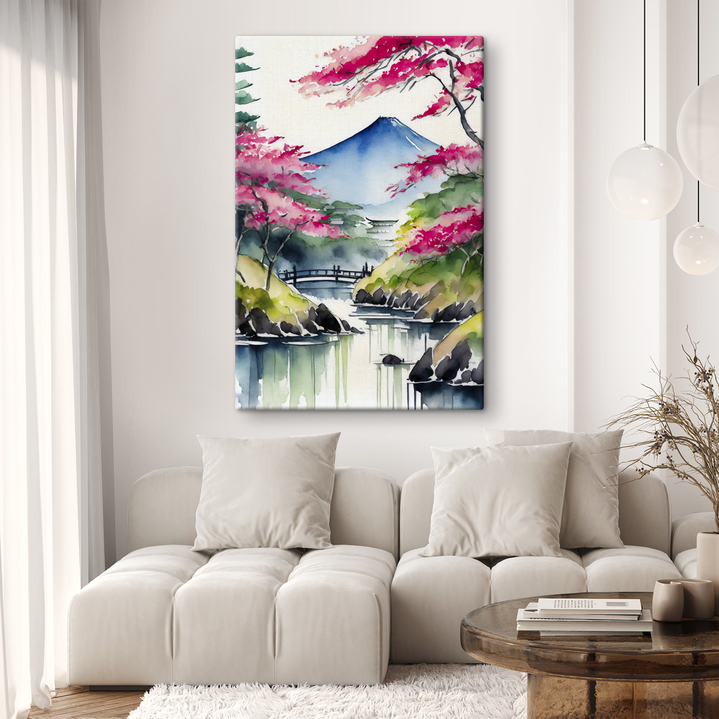 Watercolor painting of a mountain and trees with pink flowers