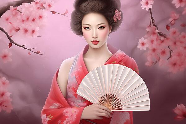 O femeie în kimono cu un evantai în mână O femeie în kimono cu un evantai în mână