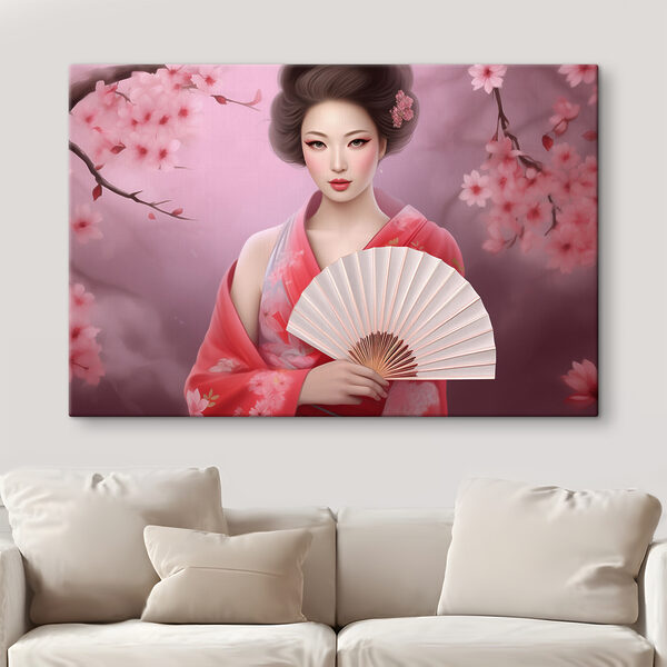 O femeie în kimono cu un evantai în mână O femeie în kimono cu un evantai în mână