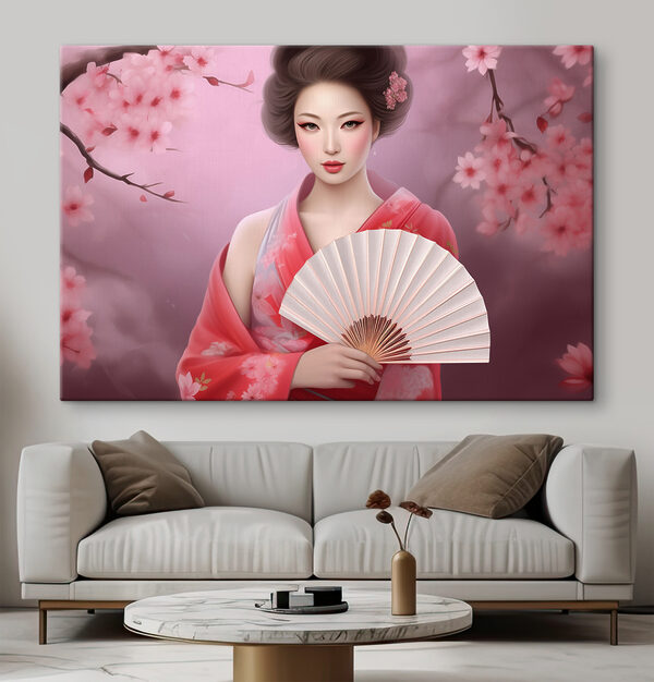 O femeie în kimono cu un evantai în mână O femeie în kimono cu un evantai în mână