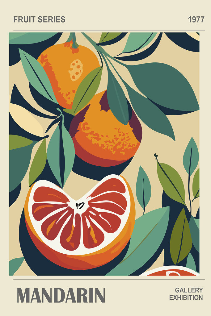 A poster of oranges and leaves A poster of oranges and leaves
