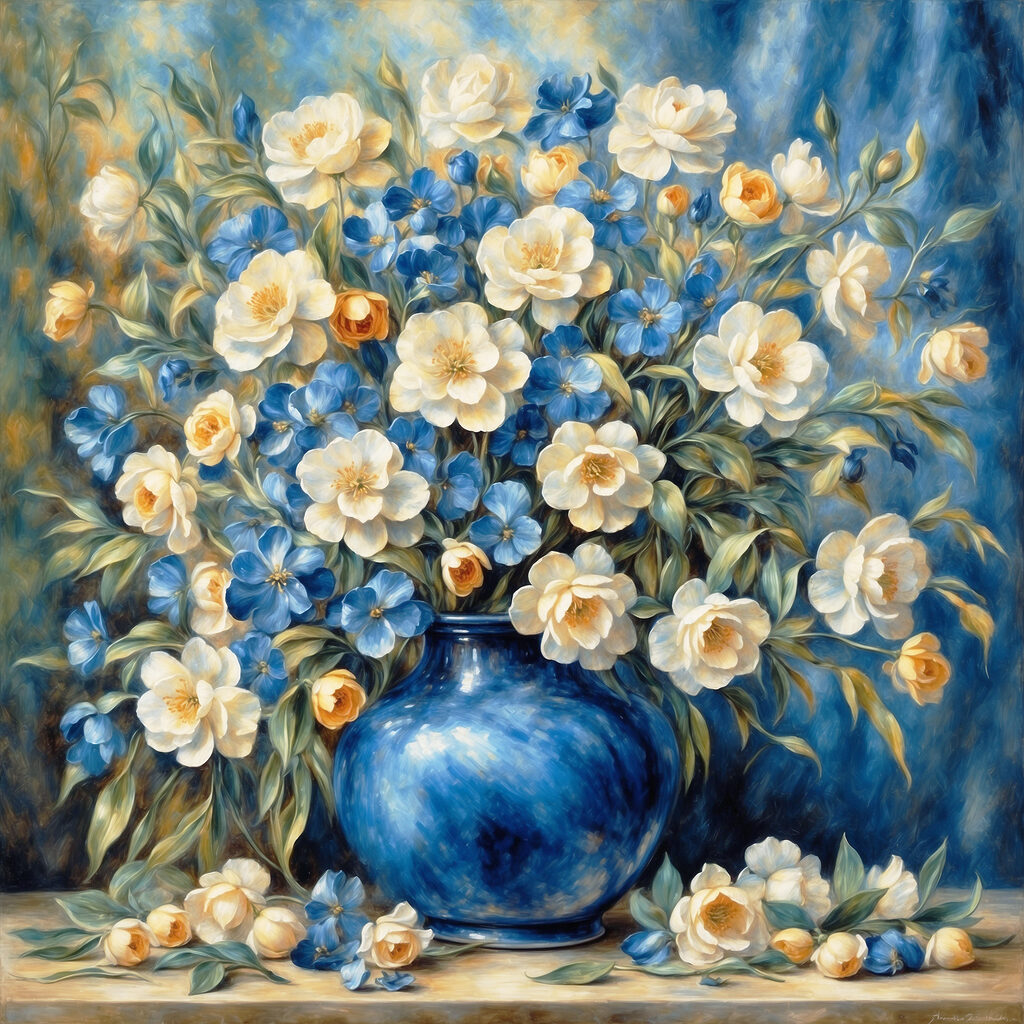 A painting of flowers in a blue vase