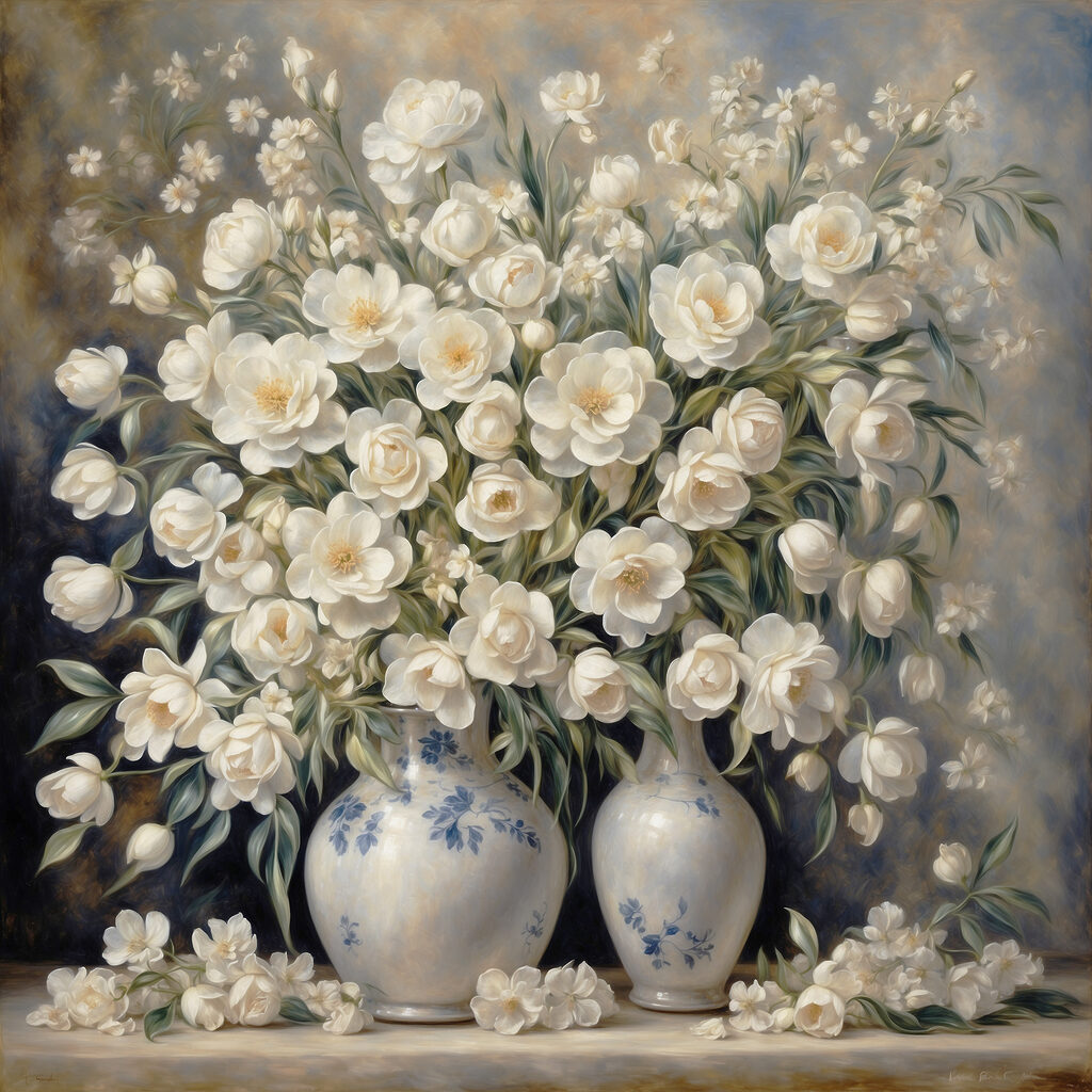 A painting of white flowers in vases
