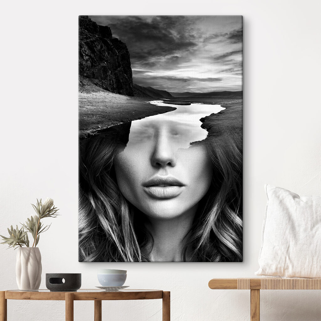 A woman's face with a river and mountains A woman's face with a river and mountains