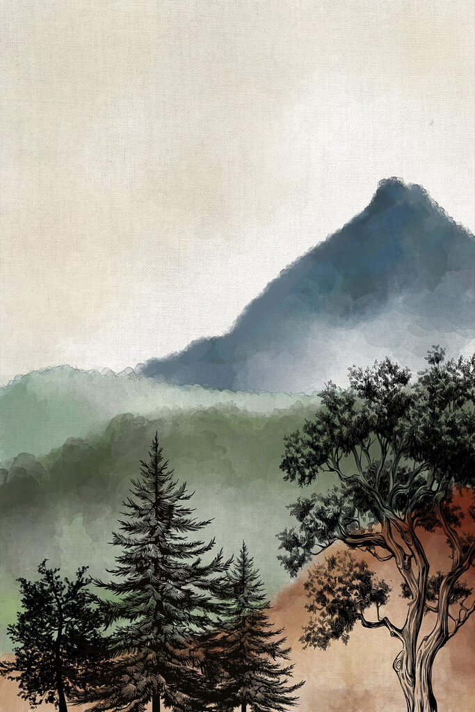 A painting of a mountain range