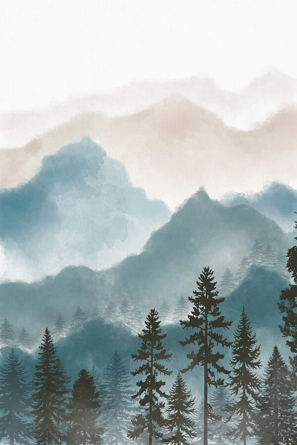 A landscape of mountains and trees
