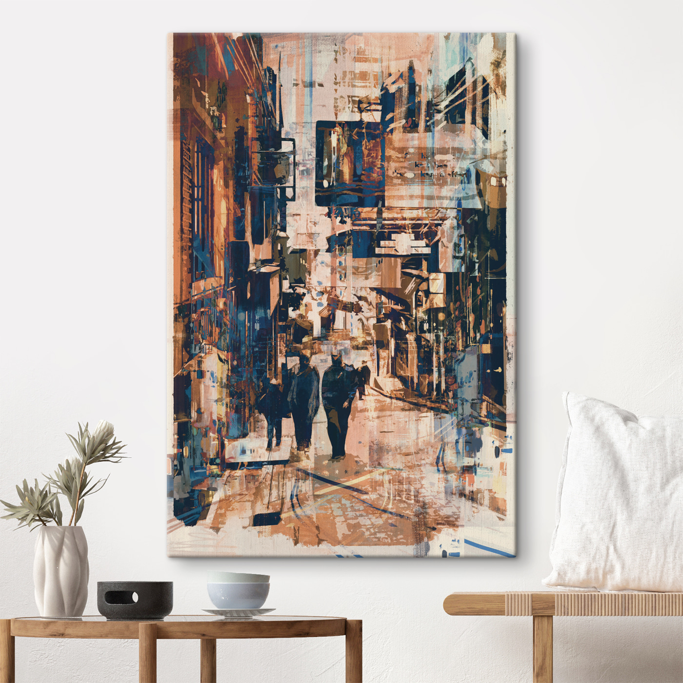 A group of people walking down a street