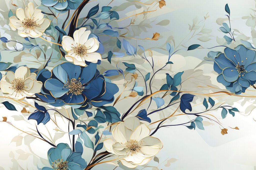 A painting of flowers and leaves