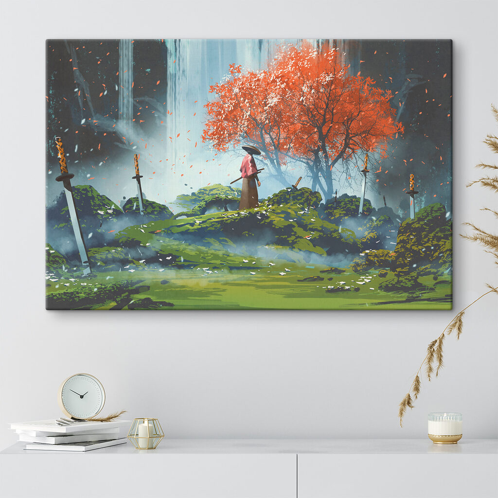 A person standing in a field with swords A person standing in a field with swords