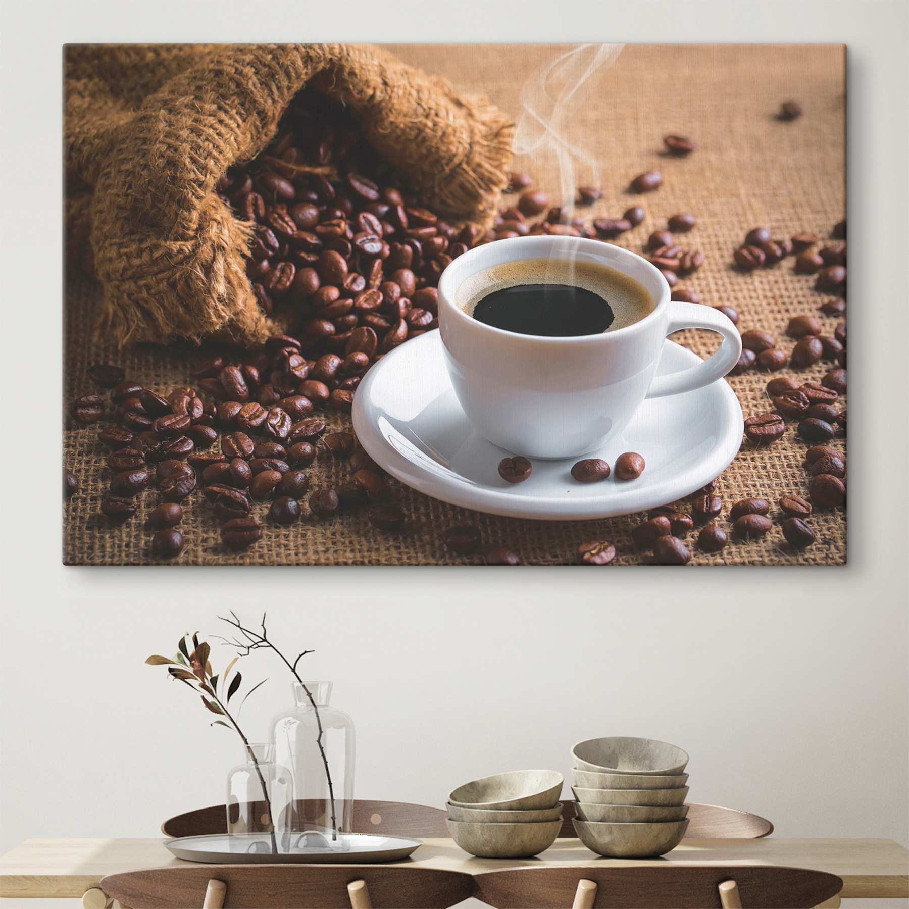 A cup of coffee and a bag of coffee beans