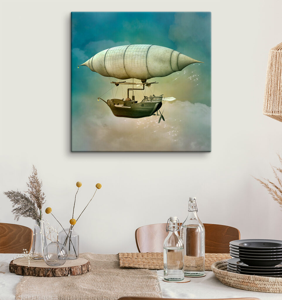 A steampunk airship in the sky