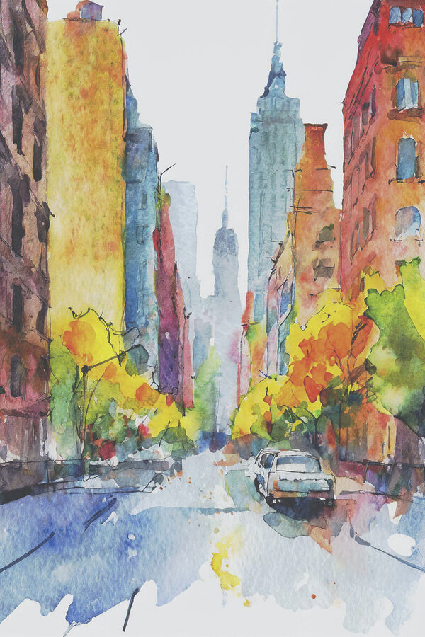 A watercolor painting of a street with buildings and cars A watercolor painting of a street with buildings and cars