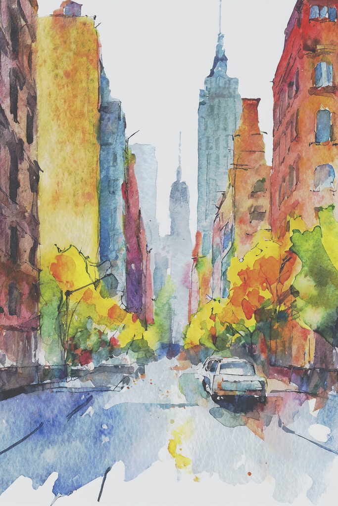A watercolor painting of a street with buildings and cars A watercolor painting of a street with buildings and cars