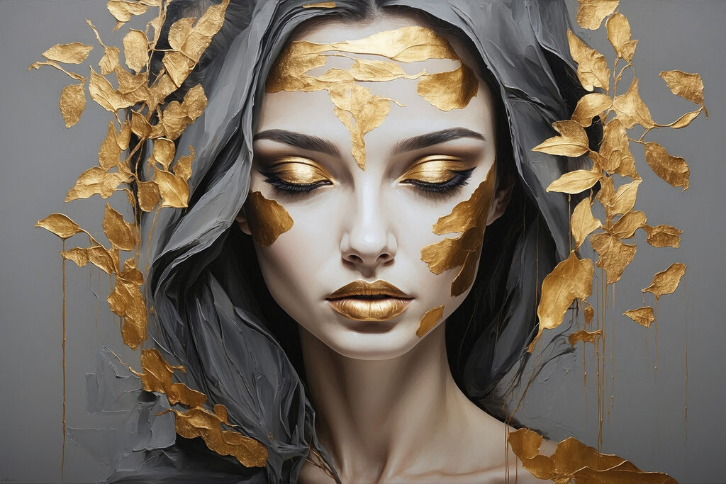 Ethereal beauty adorned in metallic leaves