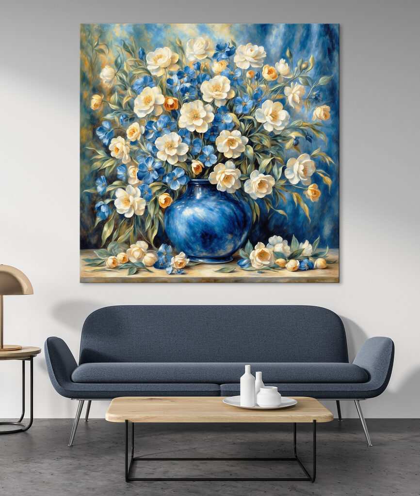 A painting of flowers in a blue vase