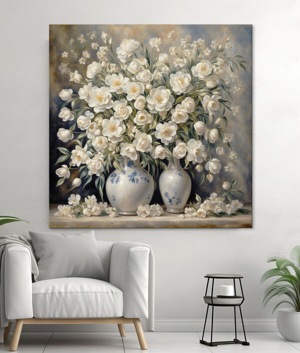 O pictură de flori albe în vase O pictură de flori albe în vase