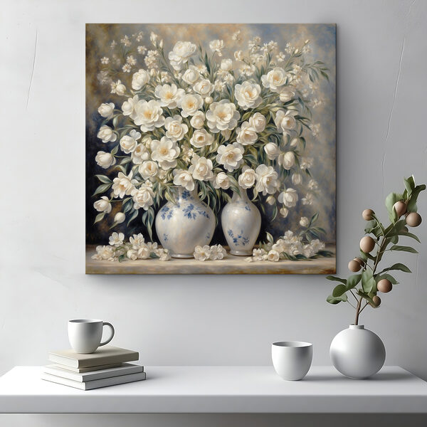O pictură de flori albe în vase O pictură de flori albe în vase