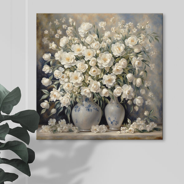 O pictură de flori albe în vase O pictură de flori albe în vase