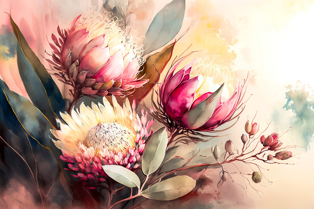 A painting of flowers and leaves A painting of flowers and leaves