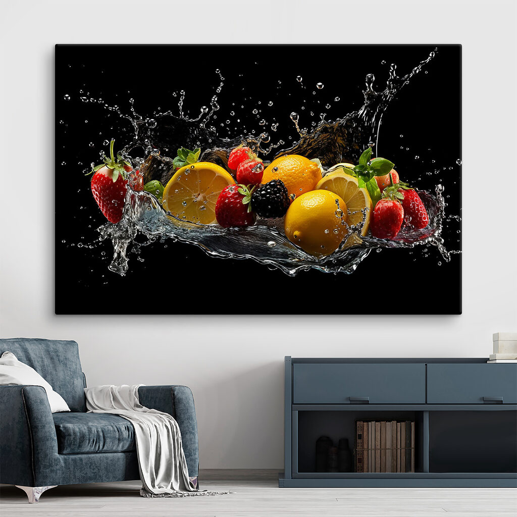 A group of fruits splashing into water A group of fruits splashing into water