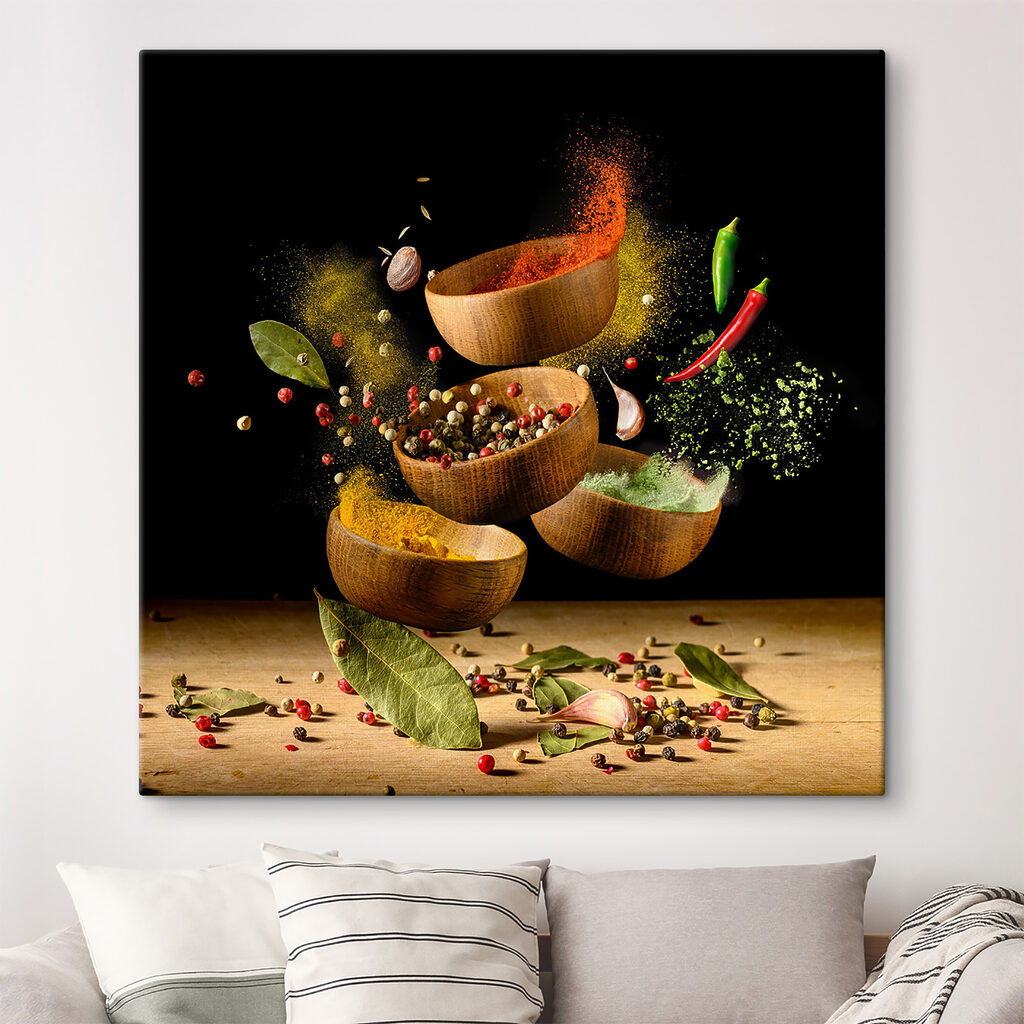 A group of bowls with spices and herbs