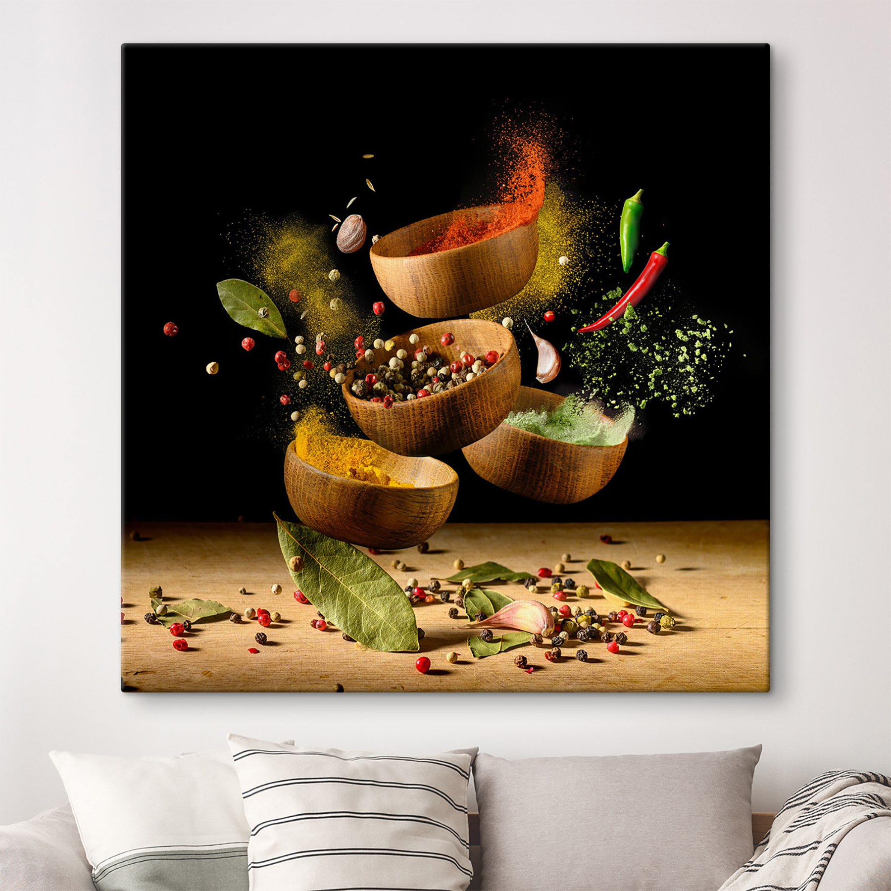 A group of bowls with spices and herbs