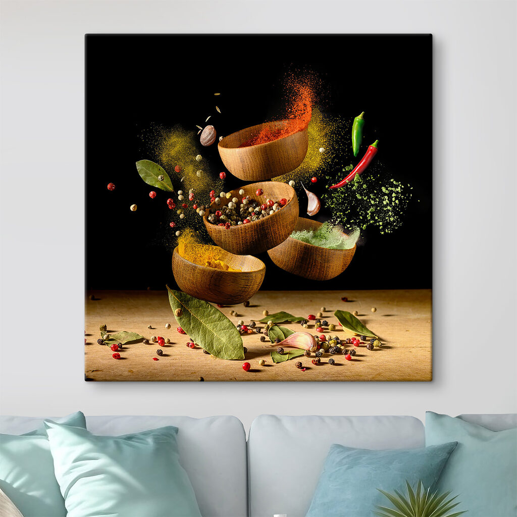 A group of bowls with spices and herbs