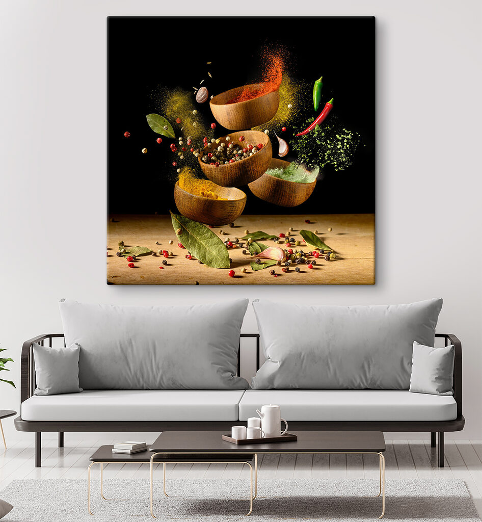 A group of bowls with spices and herbs