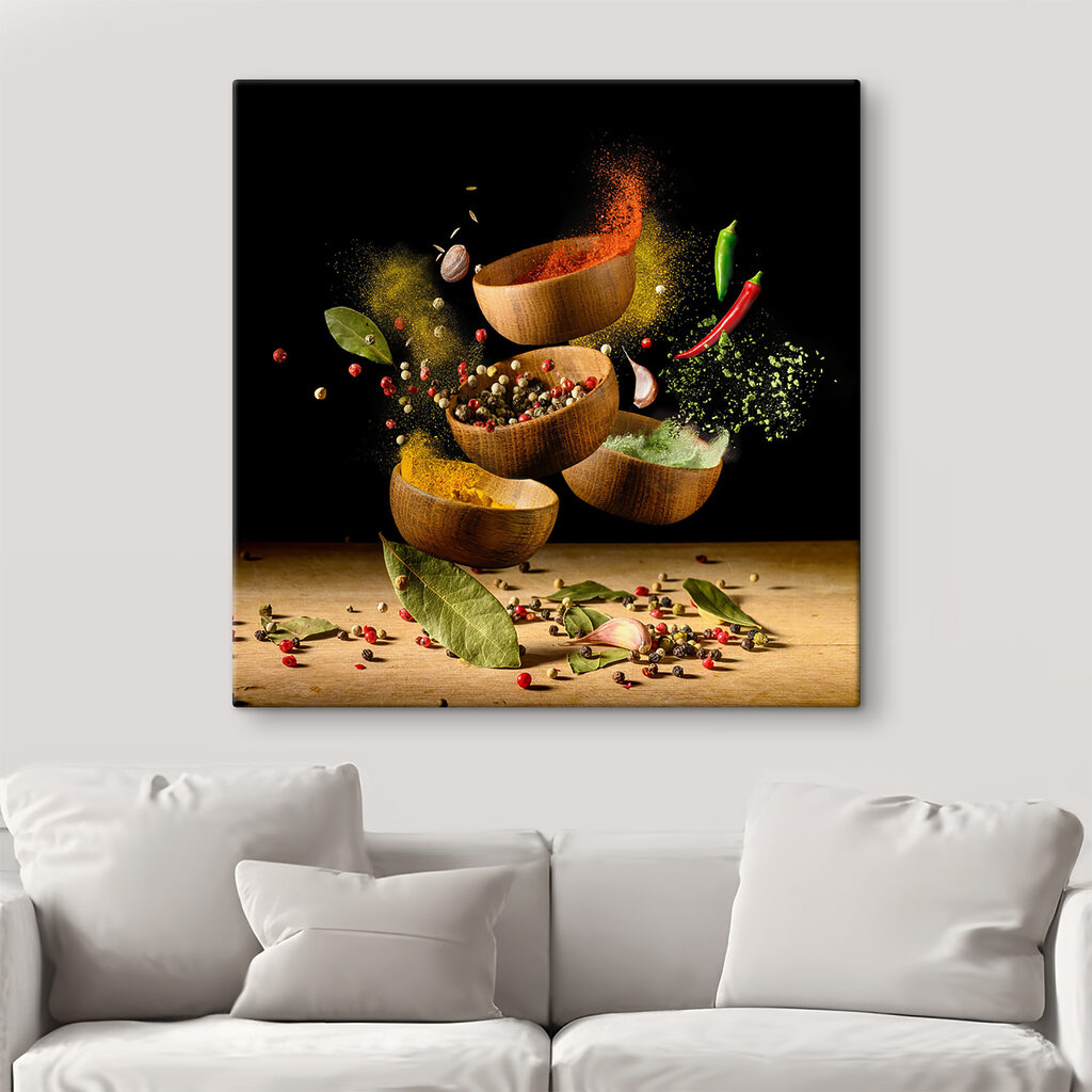 A group of bowls with spices and herbs