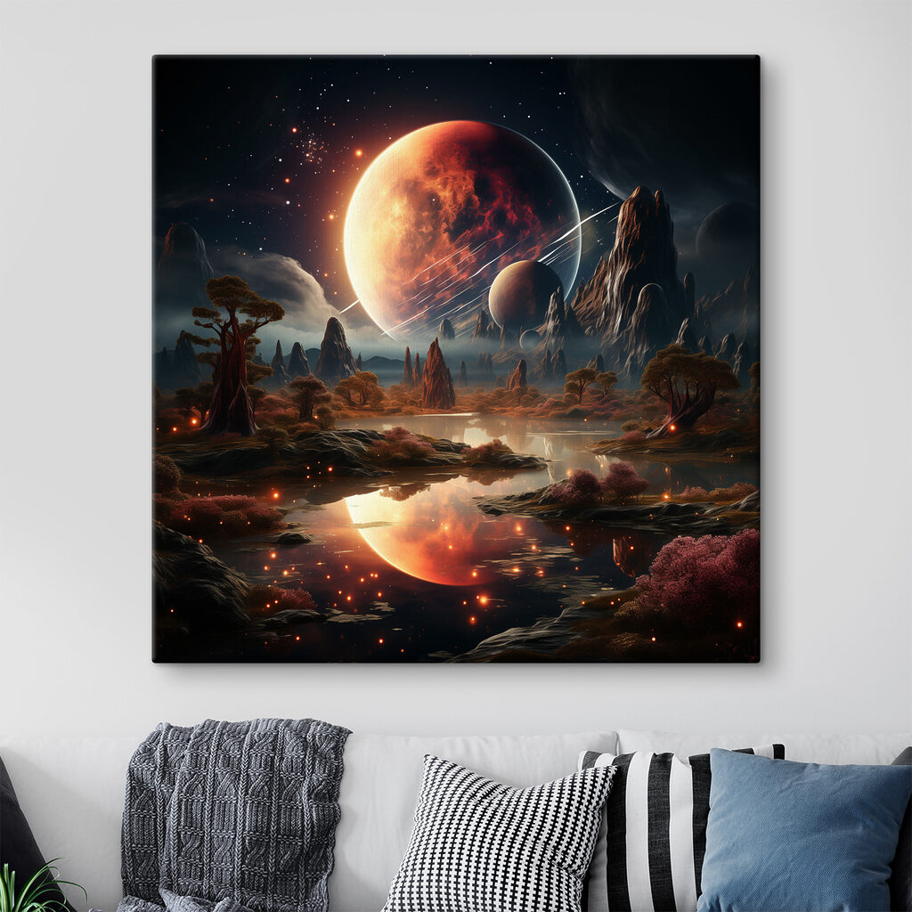 A landscape with a river and a moon