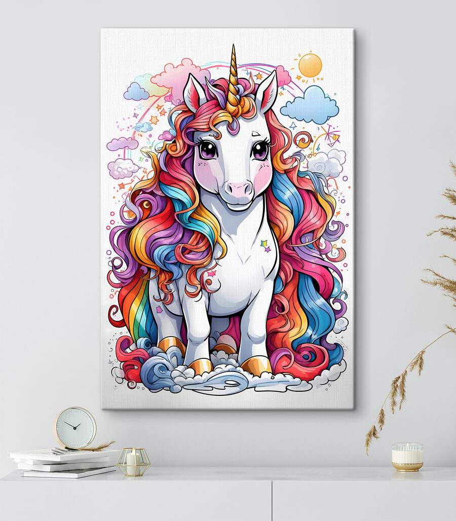 Un unicorn de desene animate cu părul curcubeu