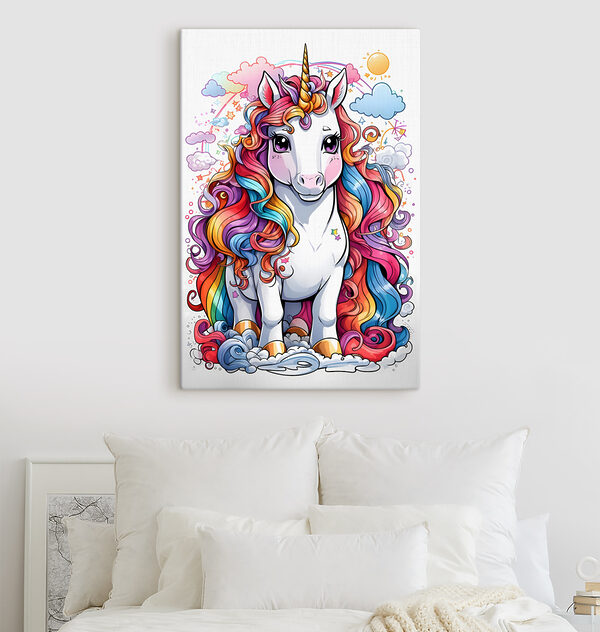 Un unicorn de desene animate cu părul curcubeu Un unicorn de desene animate cu părul curcubeu
