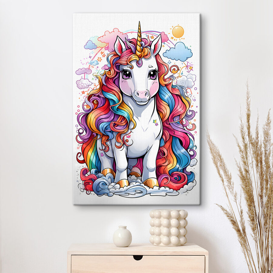 Un unicorn de desene animate cu părul curcubeu