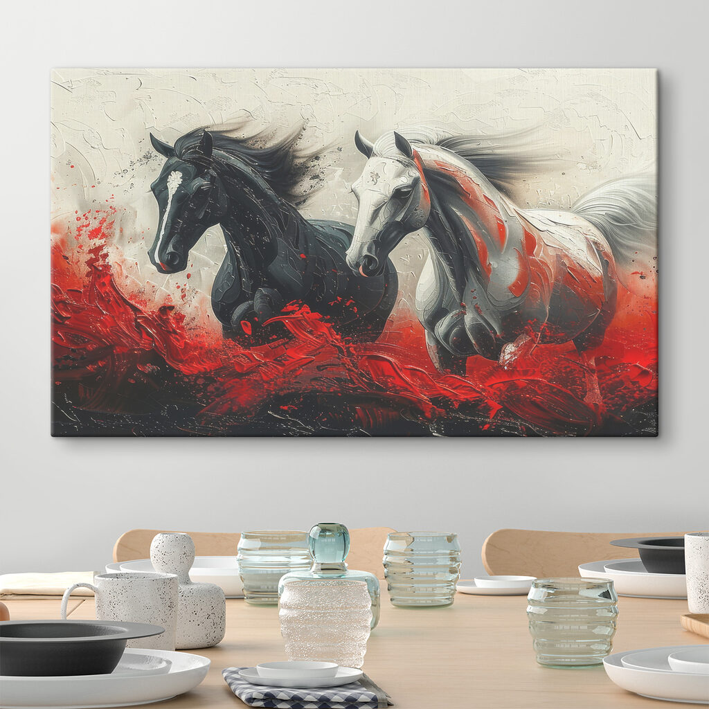 A painting of horses running with red paint A painting of horses running with red paint
