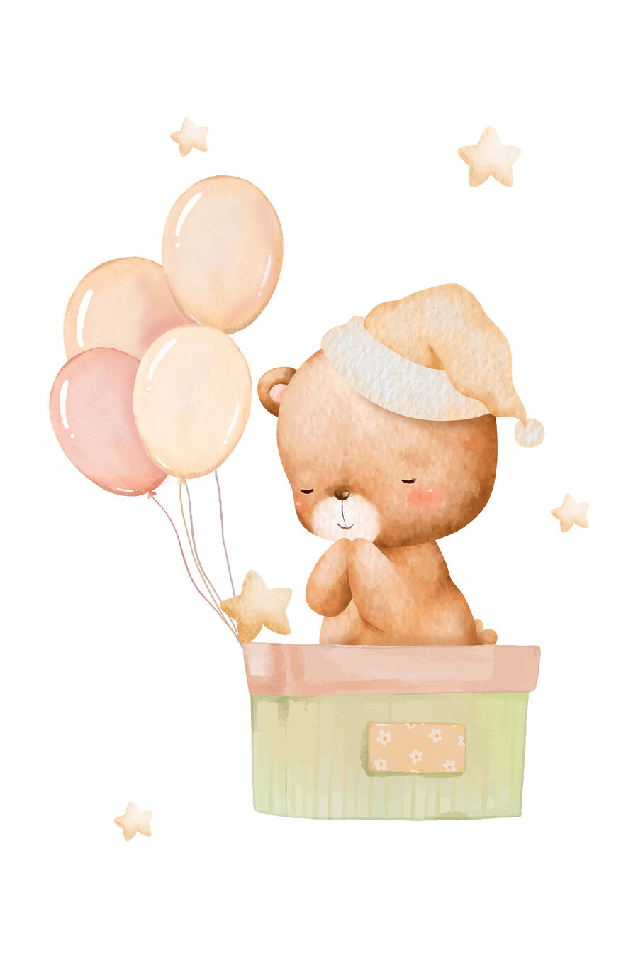 Un ursuleț de pluș într-o cutie cu baloane