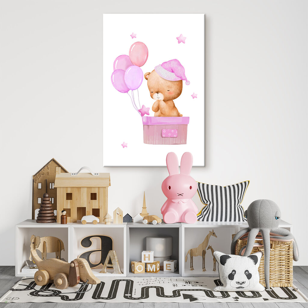 A teddy bear in a basket with balloons A teddy bear in a basket with balloons