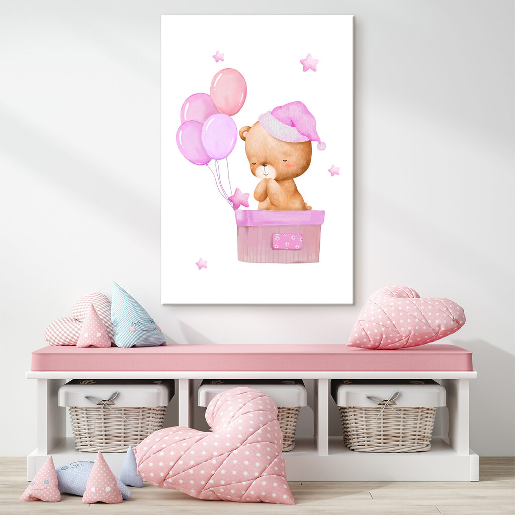 A teddy bear in a basket with balloons A teddy bear in a basket with balloons