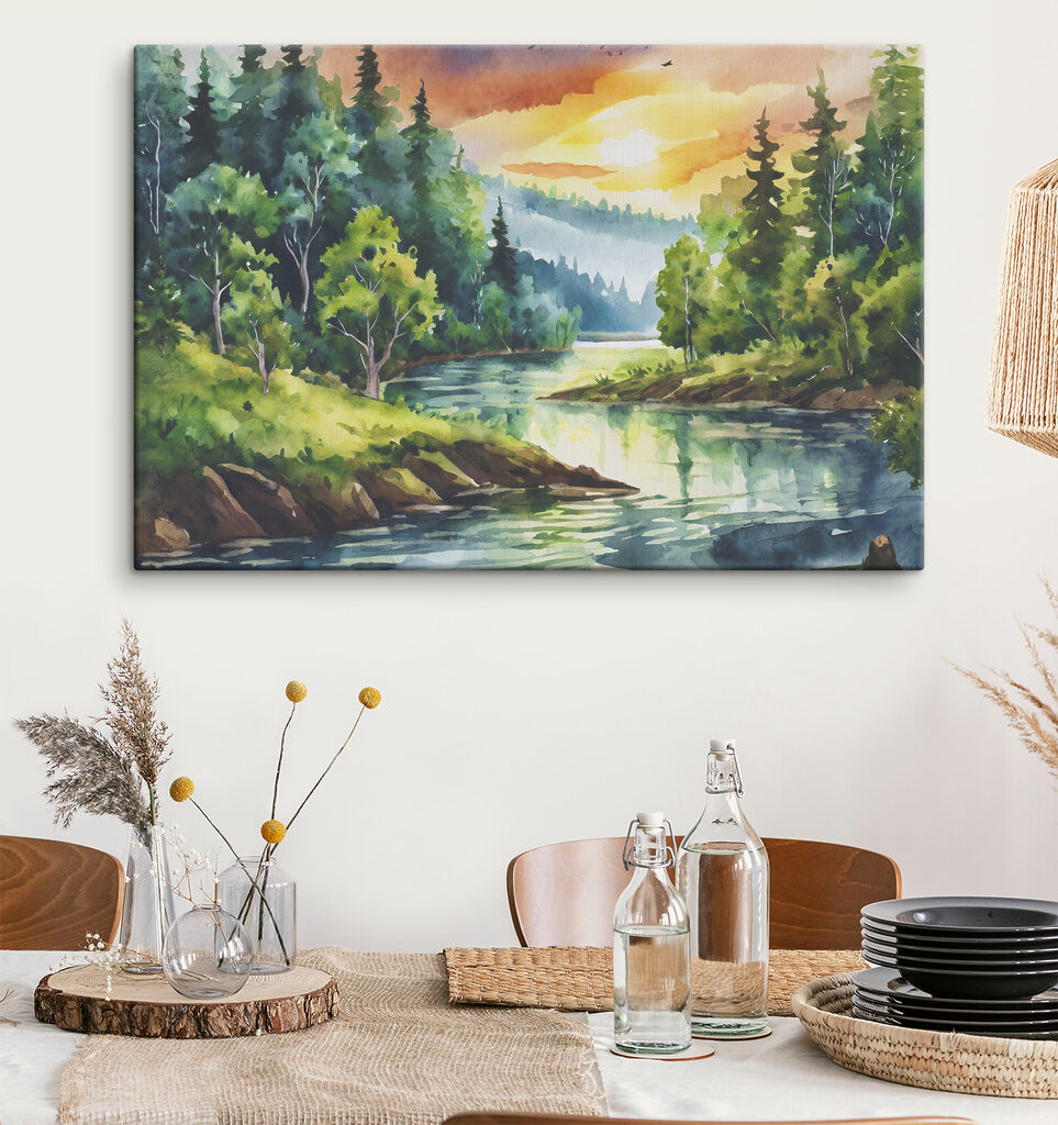 Watercolor painting of a river with trees and mountains in the background Watercolor painting of a river with trees and mountains in the background