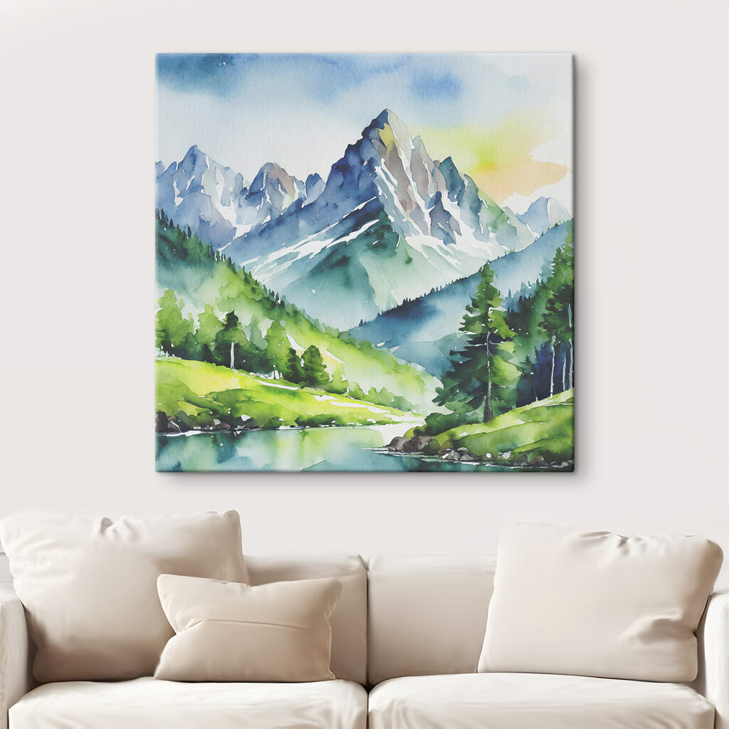 Watercolor of a mountain river and trees Watercolor of a mountain river and trees
