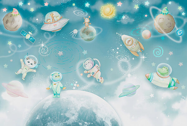 O scenă spațială de desene animate cu planete și stele O scenă spațială de desene animate cu planete și stele